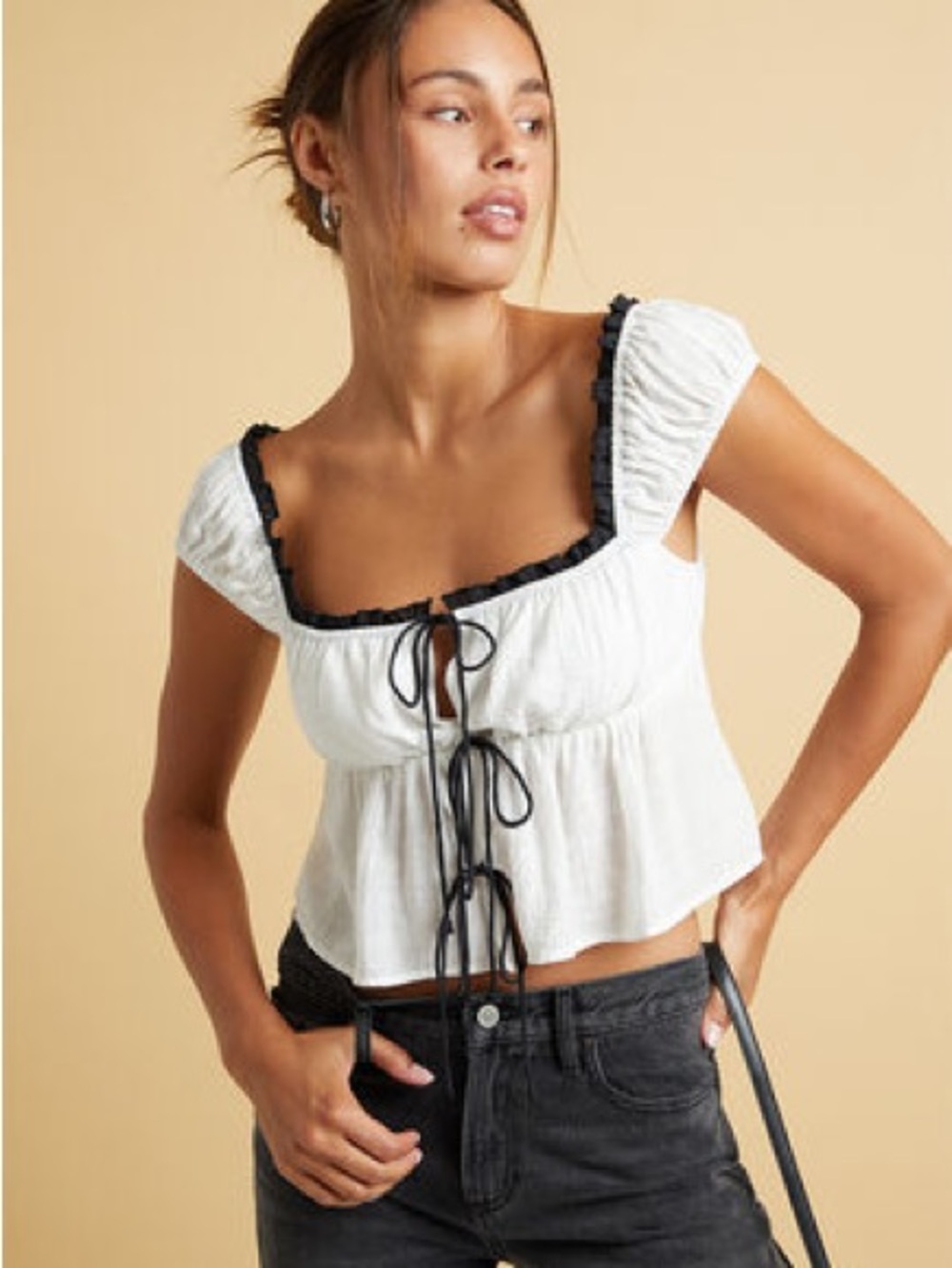 Cotton Tie-Front White Crop Top with Black Trim